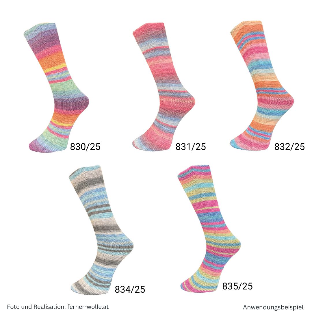 Ferner Sockenwolle 4-fach mit Baumwolle Farbauswahl 100g 425m Wollknäuel und gestrickte Socke