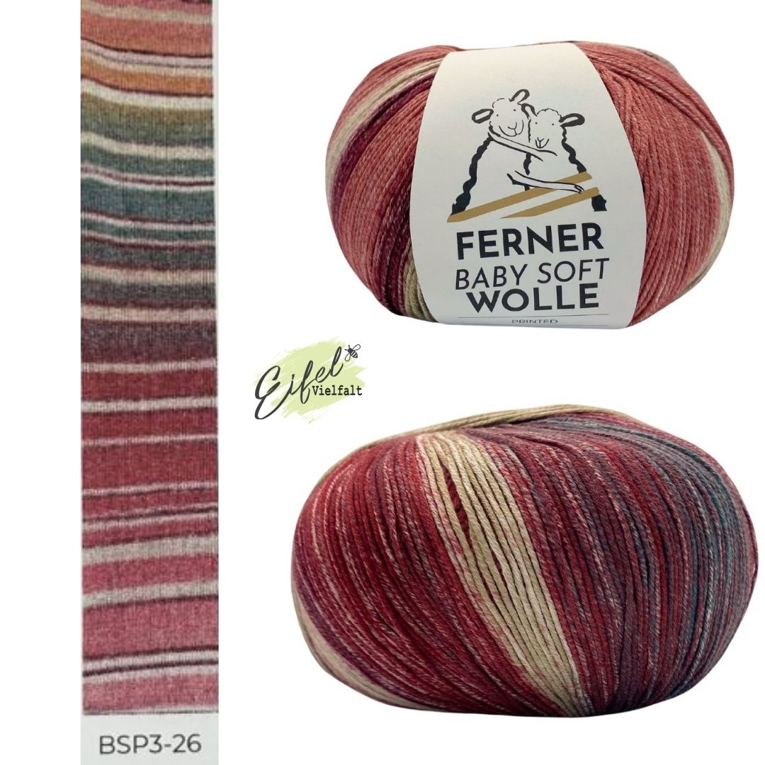 Ferner Wolle Baby Soft Printed 150g Farbverlauf als Musterstrick 2 Knäuel mit und ohne Banderole Bio-Baumwolle und Soja Farbe BSP3-26 Heideland