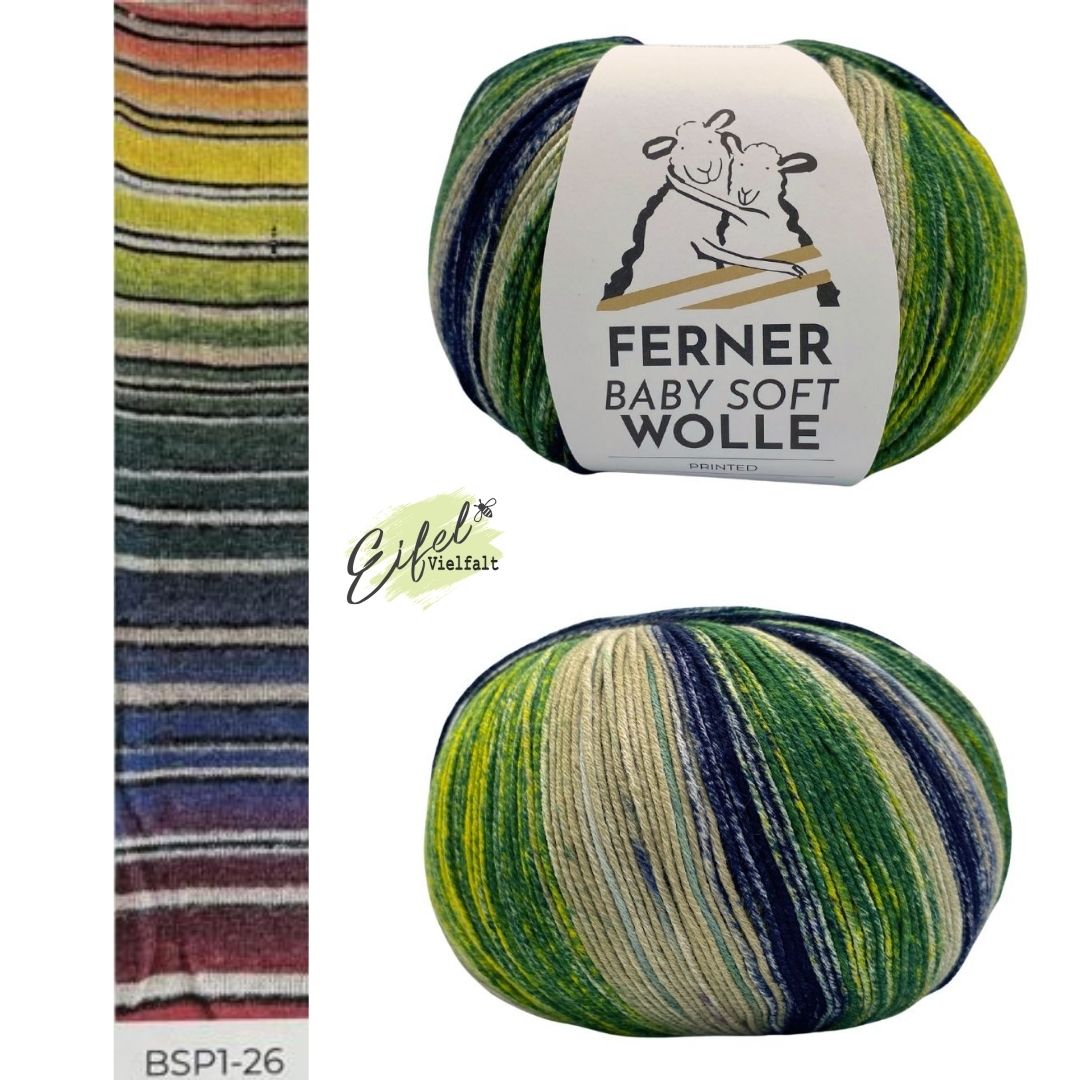 Ferner Wolle Baby Soft Printed 150g Farbverlauf als Musterstrick 2 Knäuel mit und ohne Banderole Bio-Baumwolle und Soja Farbe BSP1-26 Sommernacht