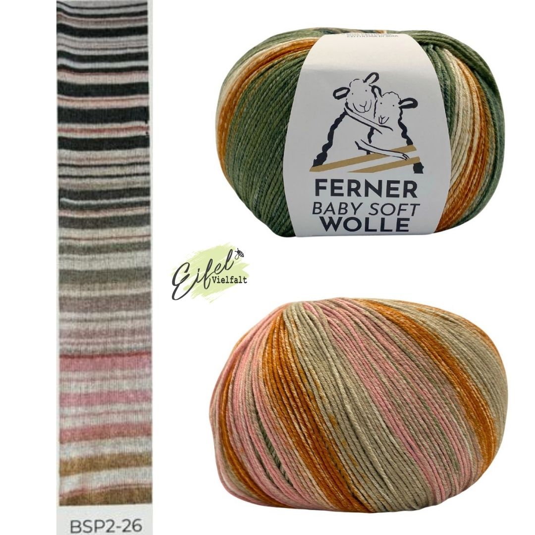 Ferner Wolle Baby Soft Printed 150g  Farbverlauf als Musterstrick 2 Knäuel mit und ohne Banderole Bio-Baumwolle und Soja Farbe BSP2-26 Herbstlaub