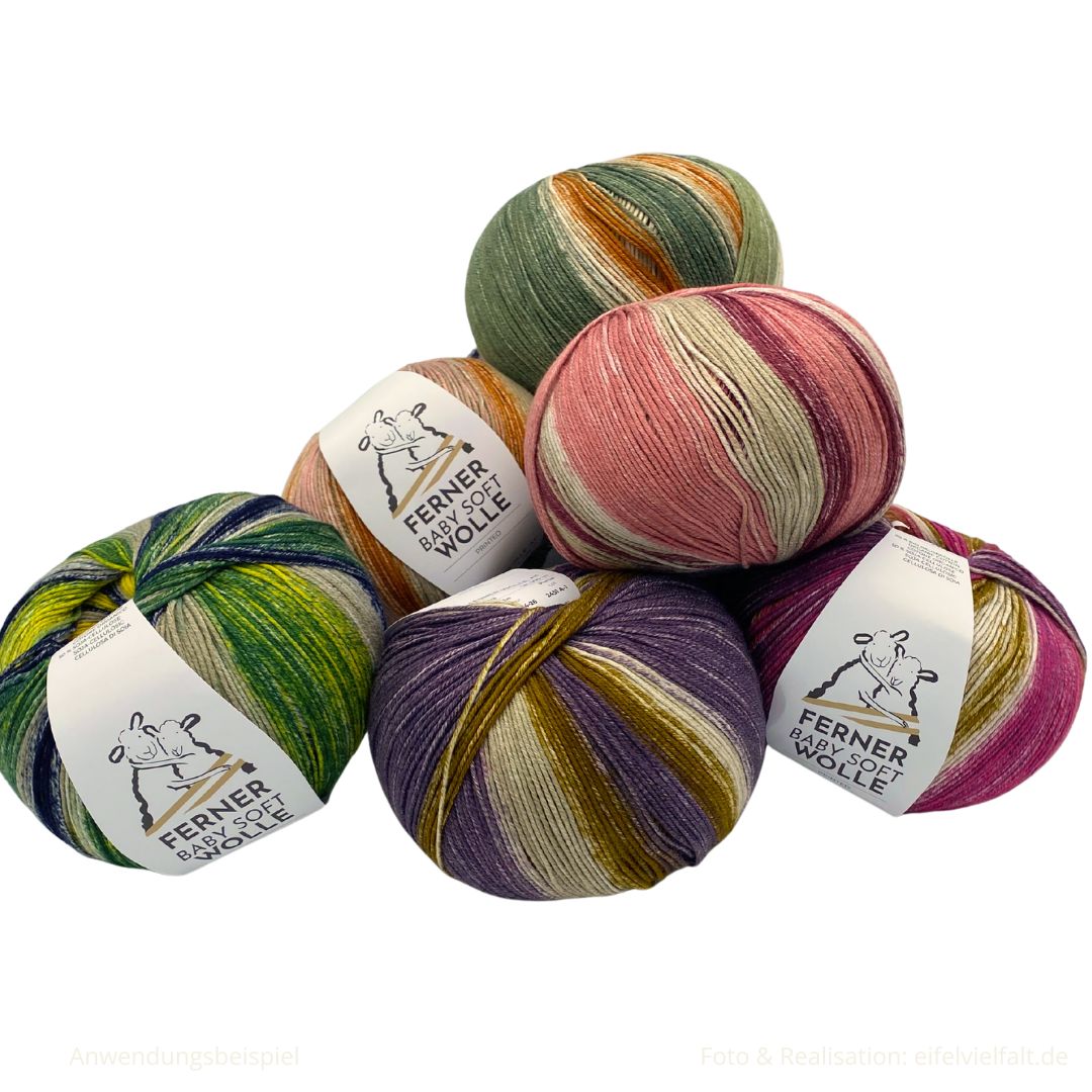 Ferner Wolle Baby Soft Printed 150g Farbauswahl 50% Bio-Baumwolle und 50% Soja 405m Farbverläufe
