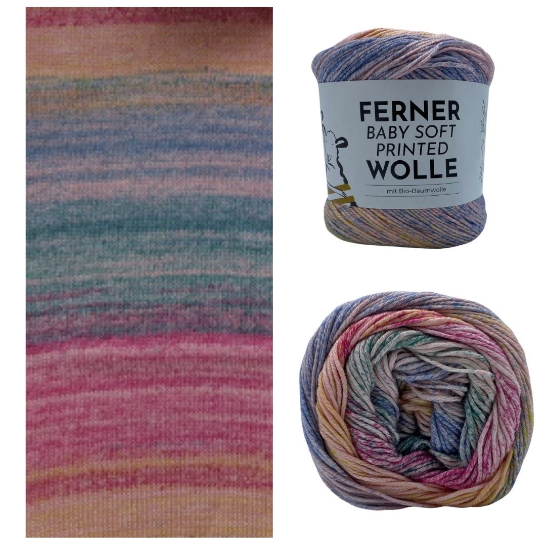 Ferner Baby Soft Printed 150g Farbverlauf 50% Bio-Baumwolle 50% Soja 270m Musterstrick und Garnansicht Farbe BSP034 Primeln