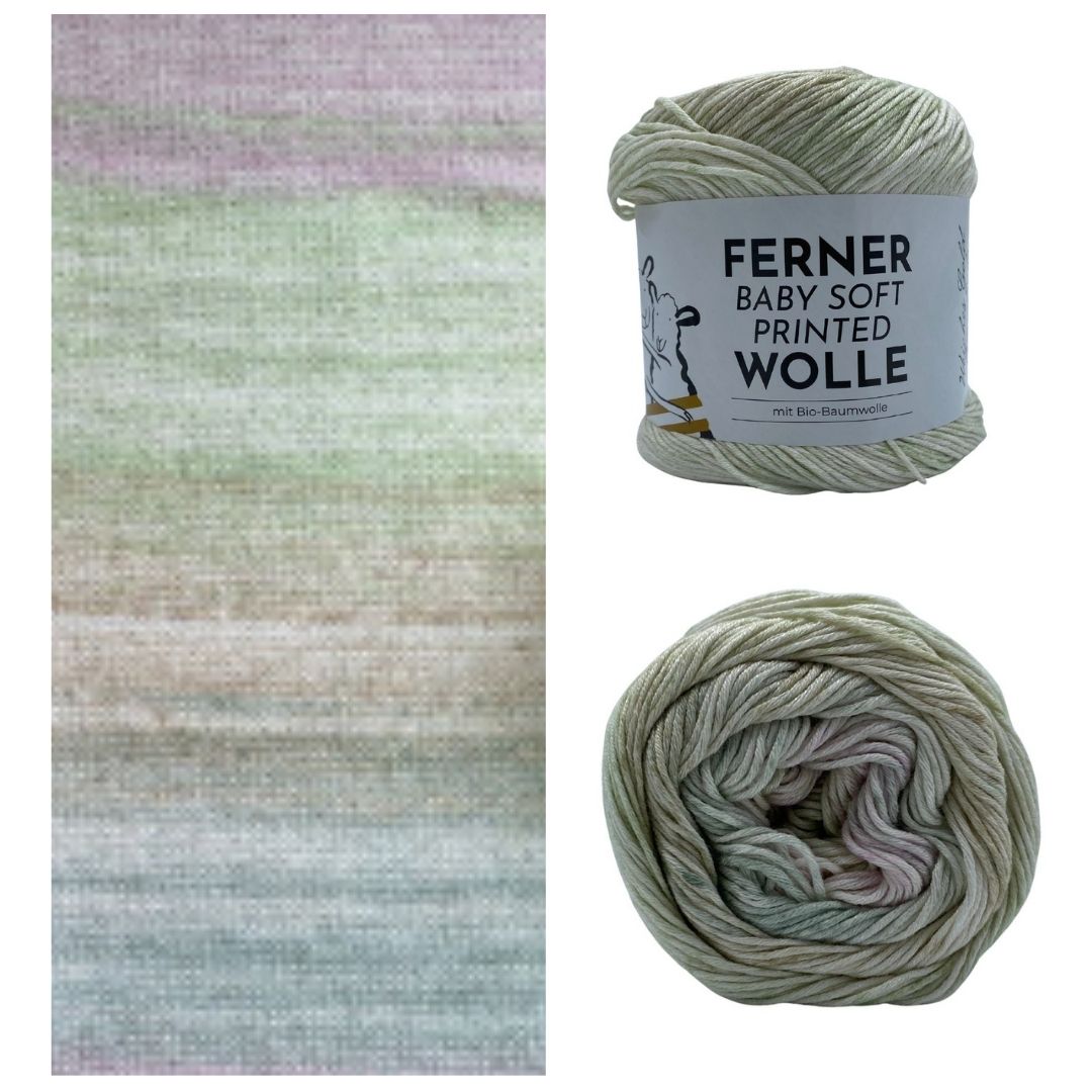 Ferner Baby Soft Printed 150g Farbverlauf 50% Bio-Baumwolle 50% Soja 270m Musterstrick und Garnansicht Farbe BSP035 Wiesenschaumkraut