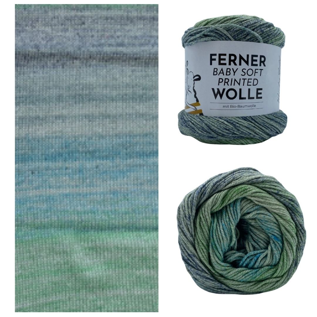 Ferner Baby Soft Printed 150g Farbverlauf 50% Bio-Baumwolle 50% Soja 270m Musterstrick und Garnansicht Farbe BSP037 Vergissmeinnicht
