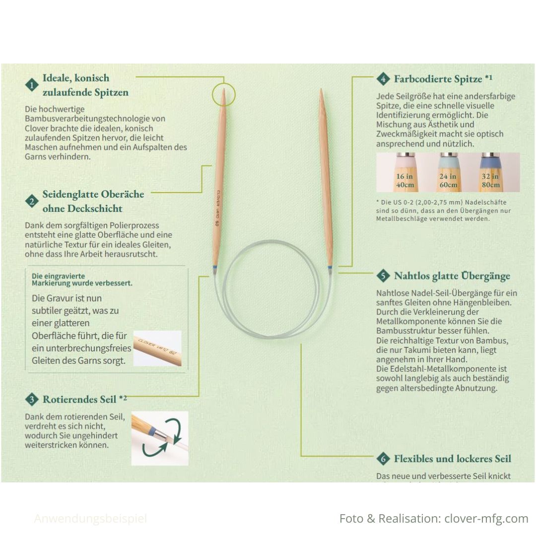 Rundstricknadel von Clover Takumi Pro mit drehbarem Seil - Beschreibung über Vorteile und Besonderheiten dieser Nadel