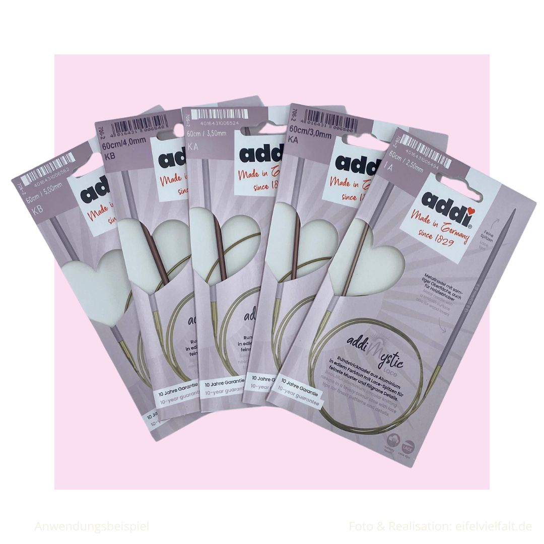 addiMystic Lace Rundstricknadel 60cm Seillänge Nadeln in verschieden Stärken in ihren Verpackungen als Gesamtbild