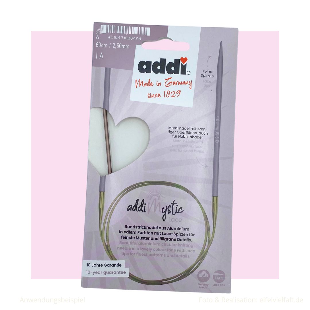 addiMystic Lace Rundstricknadel Aluminium Nadelspitzen eloxiert 
60cm Seillänge 2,5mm Stärke in Verpackung 