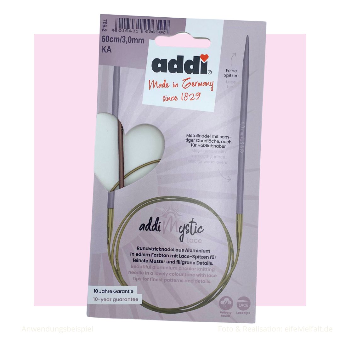 	

addiMystic Lace Rundstricknadel Aluminium Nadelspitzen eloxiert 60cm Seillänge 3mm Stärke in Verpackung 