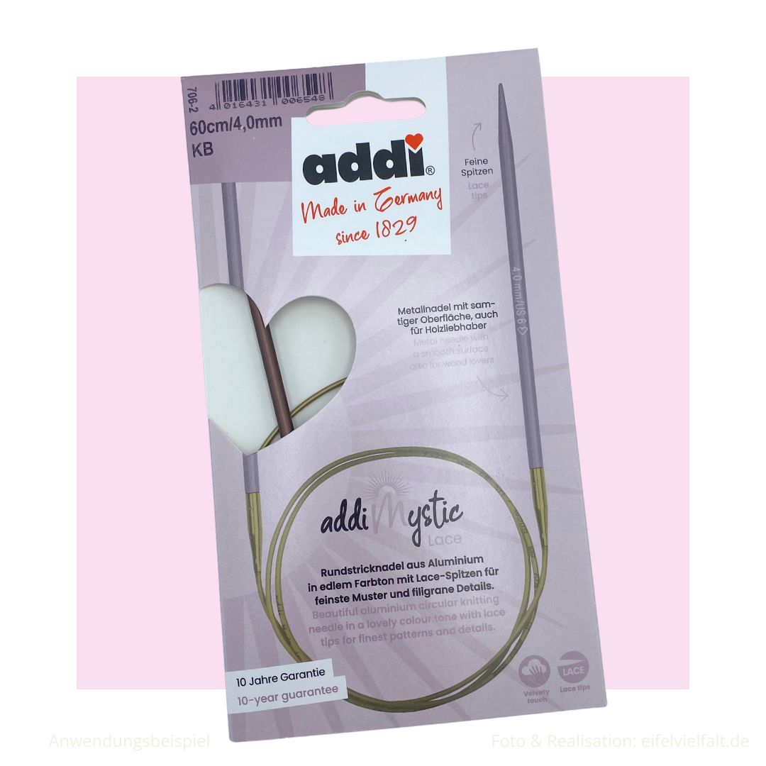 	

addiMystic Lace Rundstricknadel Aluminium Nadelspitzen eloxiert 60cm Seillänge 4 mm Stärke in Verpackung 