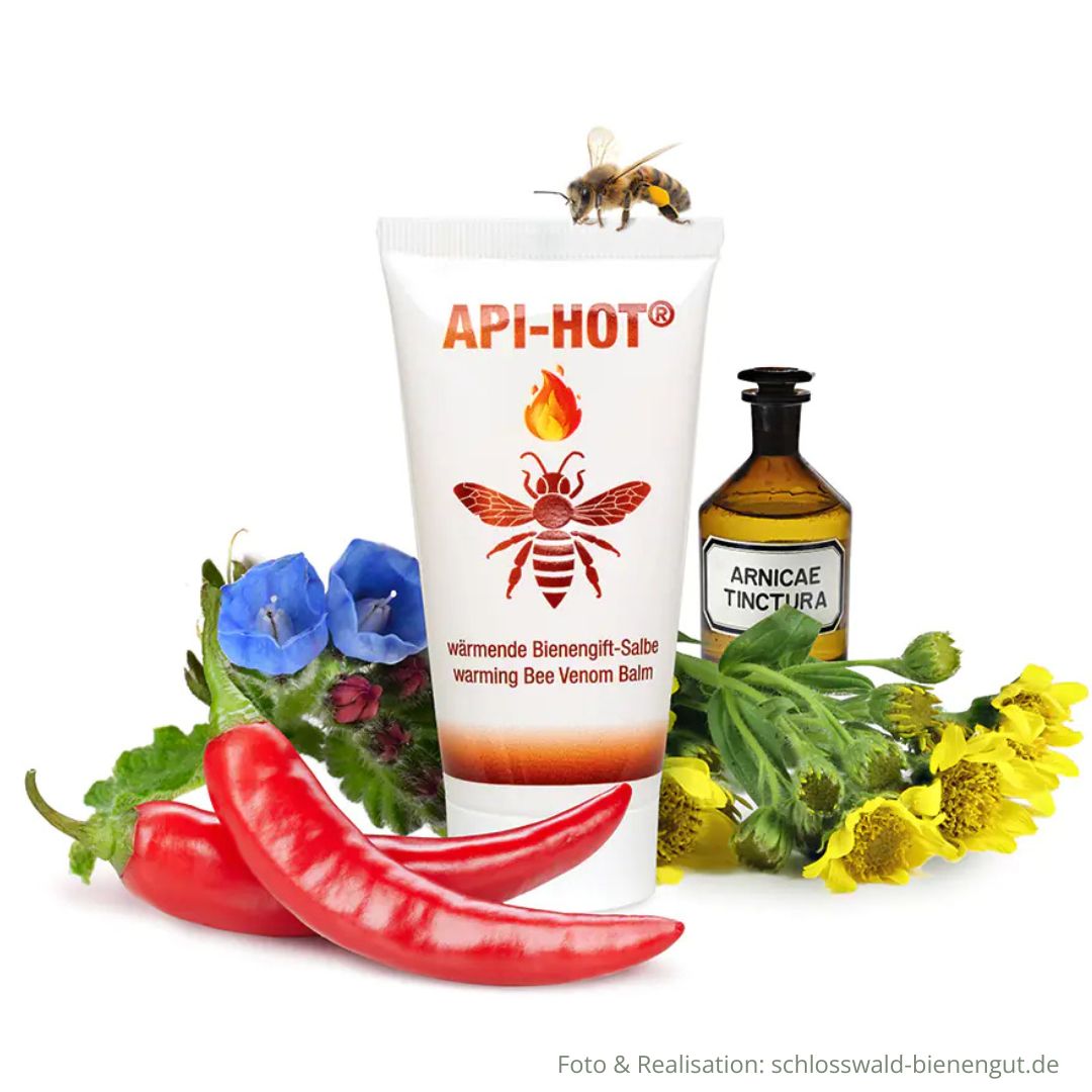 Bienengiftsalbe 50ml Api-Hot in Tube umringt von Deko Chili Kräuter Apotheker-Flasche