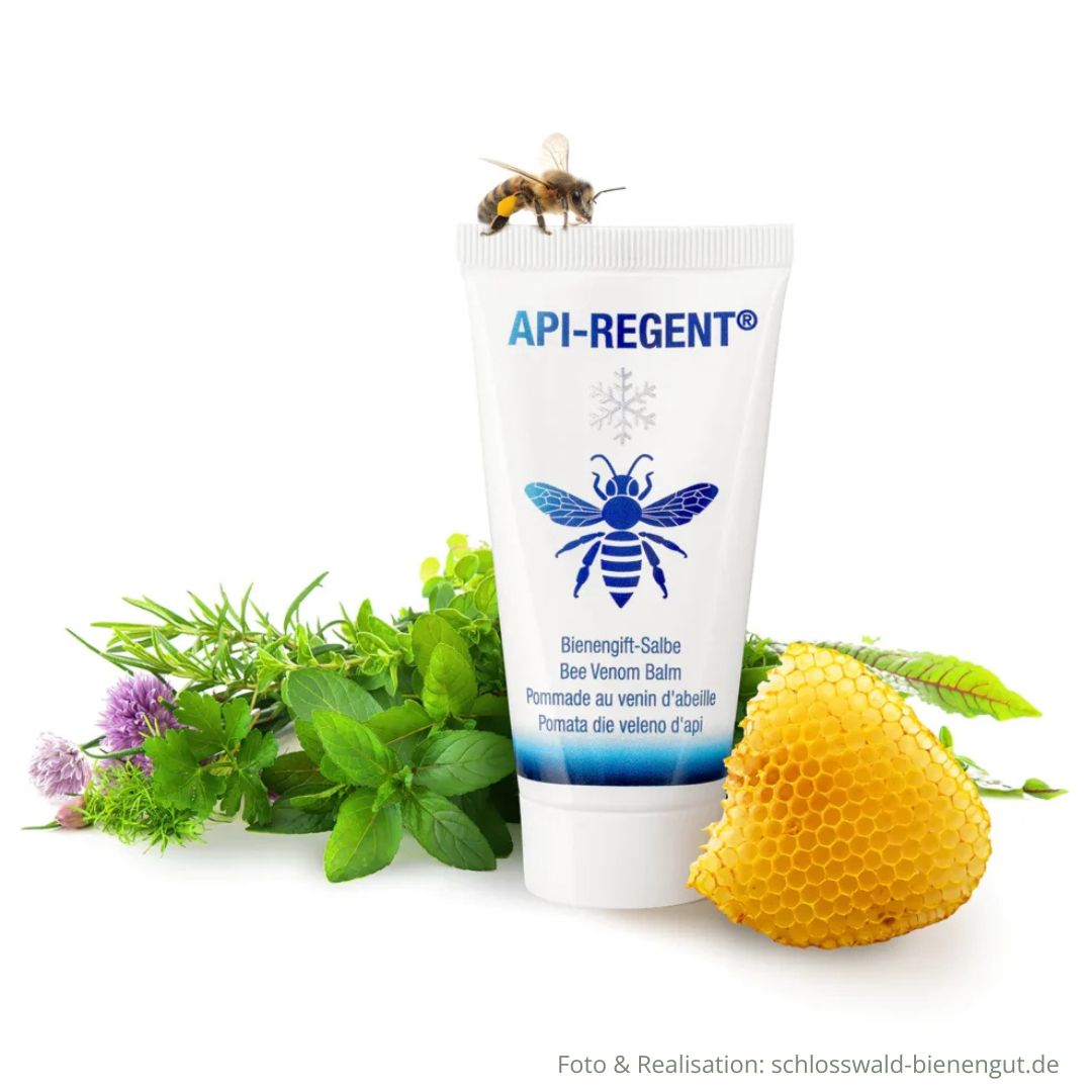 Bienengiftsalbe 50ml Api-Regent kühlend in Tube umringt von Deko Kräuter Honigwabe