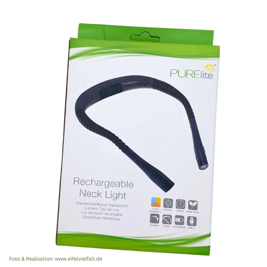 LED Nackenlampe flexibel drehbar kabellos wiederaufladbar in 3 Helligkeitsstufen einstellbar purelite in Verpackung