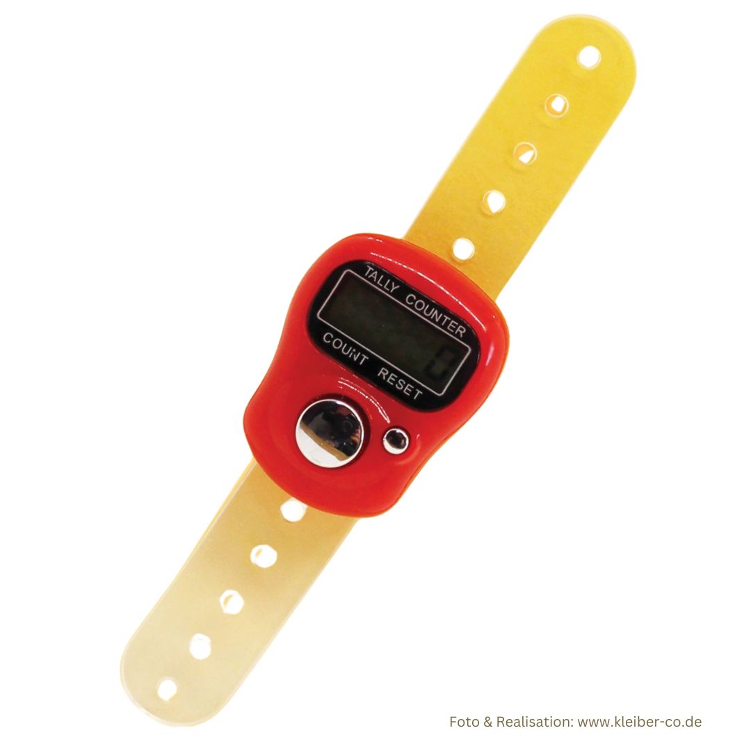 Digitaler Reihenzähler der Fa. Kleiber aus dem Allgäu in rot - Reihenzähler mit Band individuell am Finger befestigen - ohne Verpackung