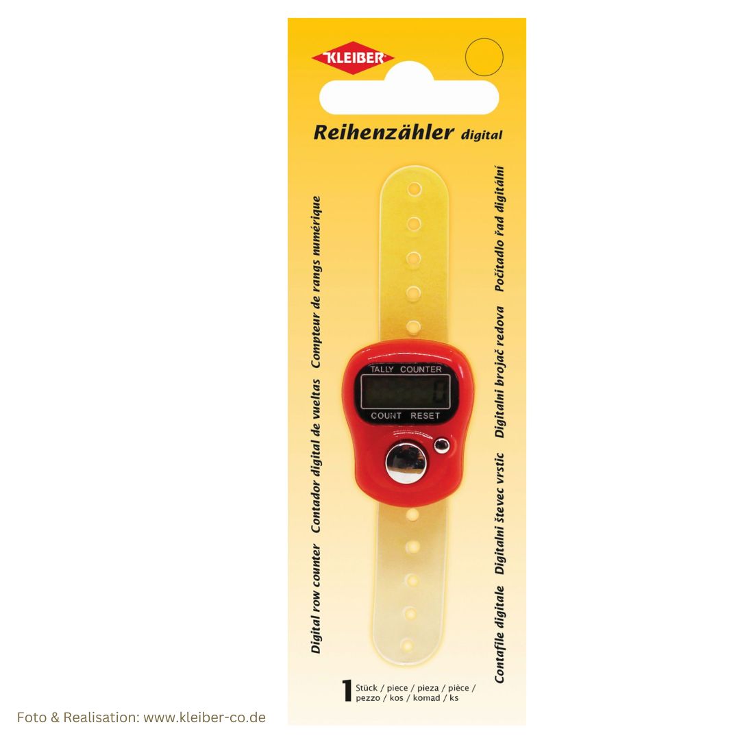 Digitaler Reihenzähler der Fa. Kleiber aus dem Allgäu in rot - Reihenzähler mit Band individuell am Finger befestigen
