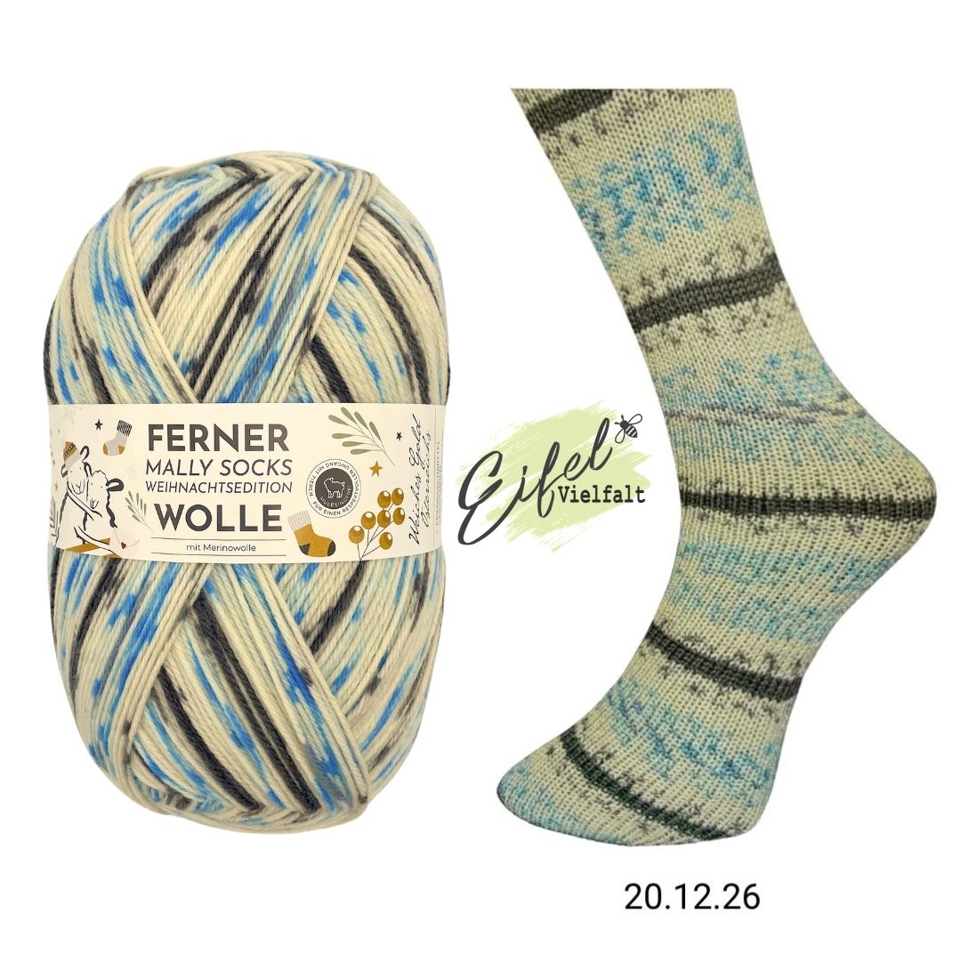 Ferner Mally Socks Weihnachtsedition 2026 Sockenwolle 150g 450m Farbe 20.12.26 Alle Jahre wieder Sockenstricken