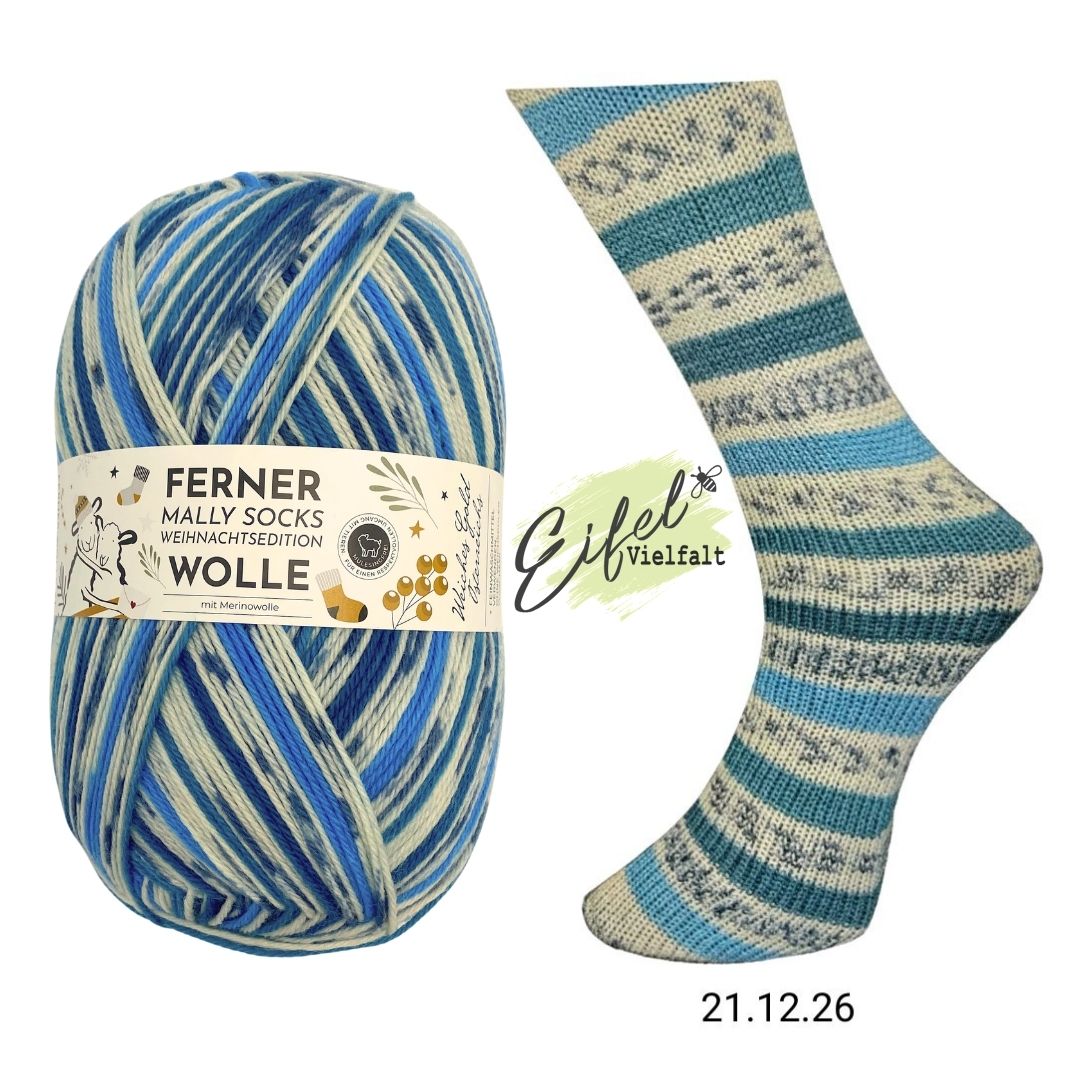 Ferner Mally Socks Weihnachtsedition 2026 Sockenwolle 150g 450m Farbe 21.12.26 Leise rieselt der Schnee Sockenstricken