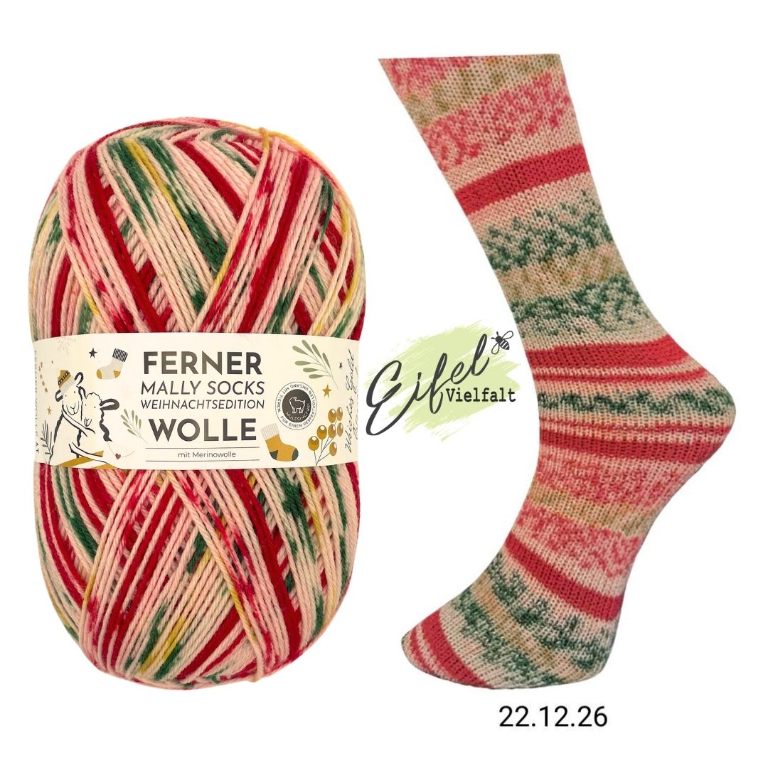 Ferner Mally Socks Weihnachtsedition 2026 Sockenwolle 150g 450m Farbe 22.12.26 Ihr Kinderlein kommet rot-grün gesprenkelt Sockenstricken