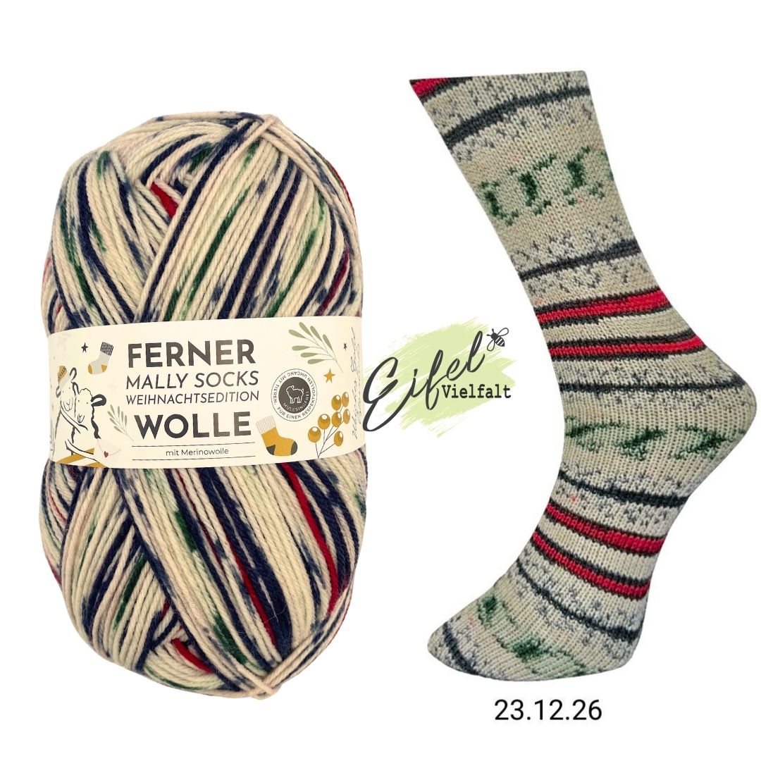 Ferner Mally Socks Weihnachtsedition 2026 Sockenwolle 150g 450m Farbe 23.12.26 Macht hoch die Tür dunkelgrün-weihnachtsrot gesprenkelt Sockenstricken