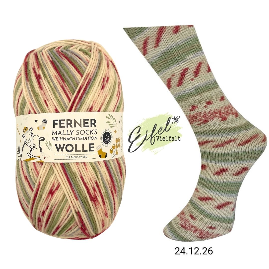 Ferner Mally Socks Weihnachtsedition 2026 Sockenwolle 150g 450m Farbe 24.12.26 Stille Nacht Heilige Nacht salbei-rot-senf-gesprenkelt Sockenstricken