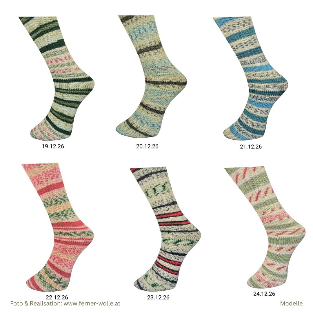 Ferner Mally Socks Weihnachtsedition 2026 Sockenwolle 150g 450m 6 Farben - je 1 gestrickte Socke