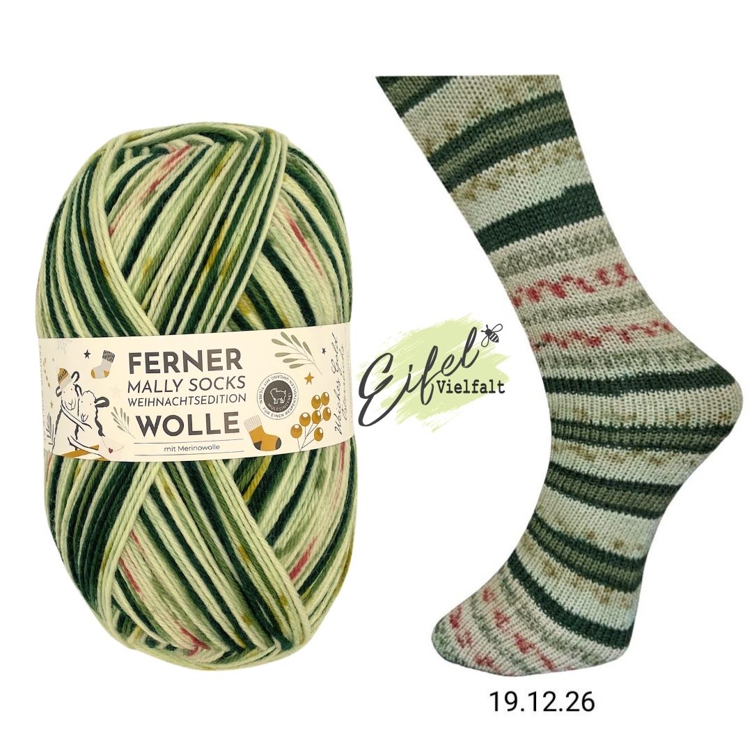 Ferner Mally Socks Weihnachtsedition 2026 Sockenwolle 150g 450m Farbe 19.12.26 Oh Tannenbaum dunkelgrün gestreift mit roten Sprenkeln Sockenstricken