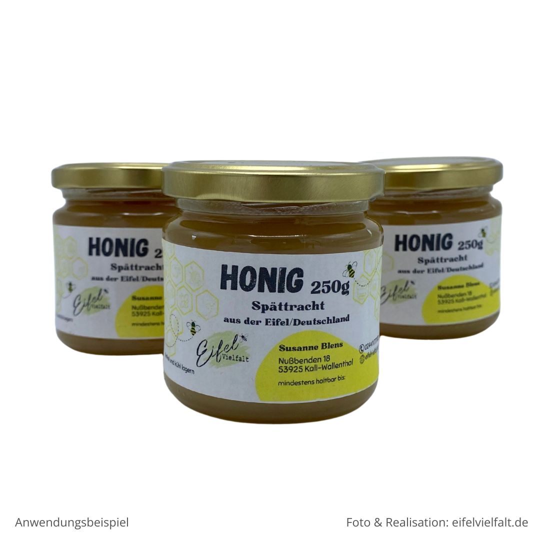 Bienenhonig 250g 3 Gläser hintereinander gestellt mit Spättracht Eifelhonig Sommerblütenhonig 