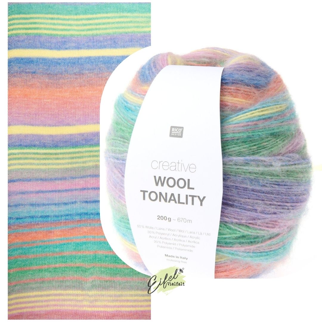Creative Wool Tonality 200g 670 m Farbe Nr. 003 pastel Farbverlauf in zarten und frischen Pasteltönen wie rosa, flieder, mint, hellblau, gelb - dargestellt als Maschenprobe und Knäuel zum Stricken und Häkeln geeignet 