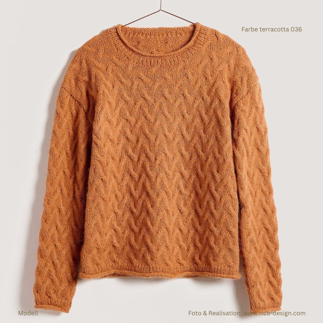 Luxury Alpaca superfine 50g 140m Muster Pulli mit rundem Halsausschnitt und Flechtmuster Farbe terracotta 036