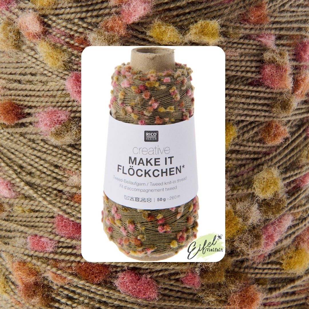 Creative Make it Flöckchen Beilaufgarn 50g 260m zum Stricken und Häkeln Farbe 001 autumn - dünnes braunes Garn mit senf- und altrose-farbenen Pompons