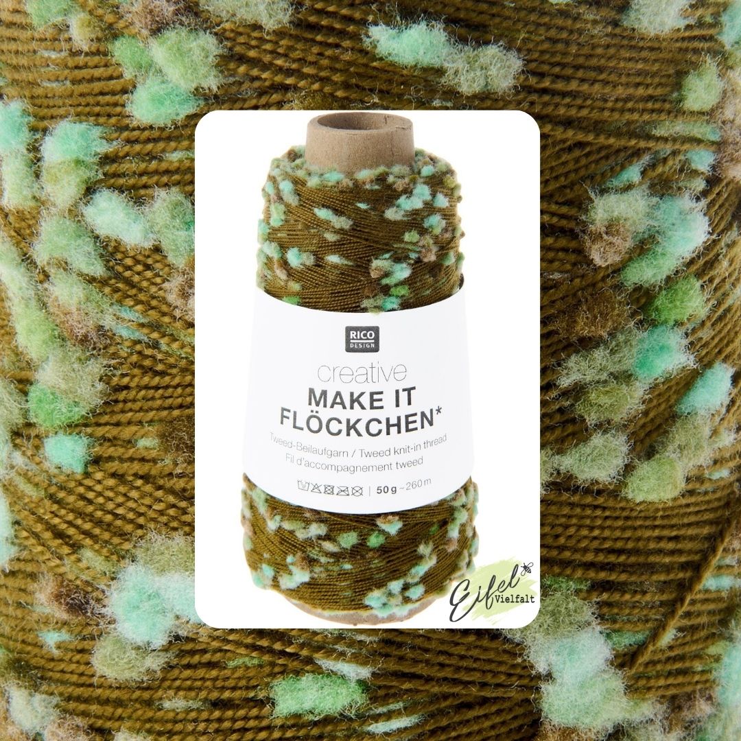 Creative Make it Flöckchen Beilaufgarn 50g 260m zum Stricken und Häkeln Farbe 003 aqua - olivgrünes Garn mit hellblauen Pompons