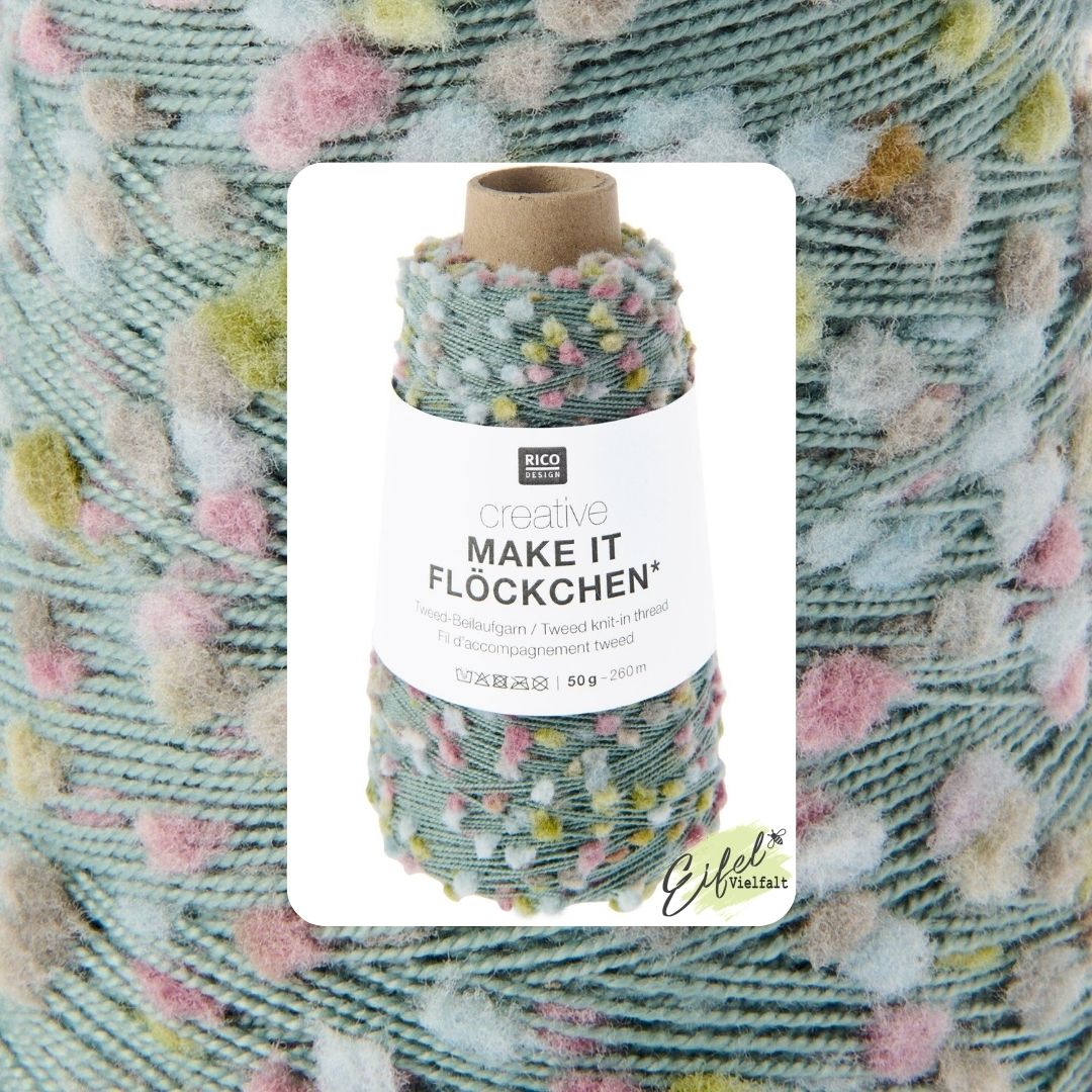 Creative Make it Flöckchen Beilaufgarn 50g 260m zum Stricken und Häkeln Farbe 004 winter - hellblau mit pastellfarbenen Pompons