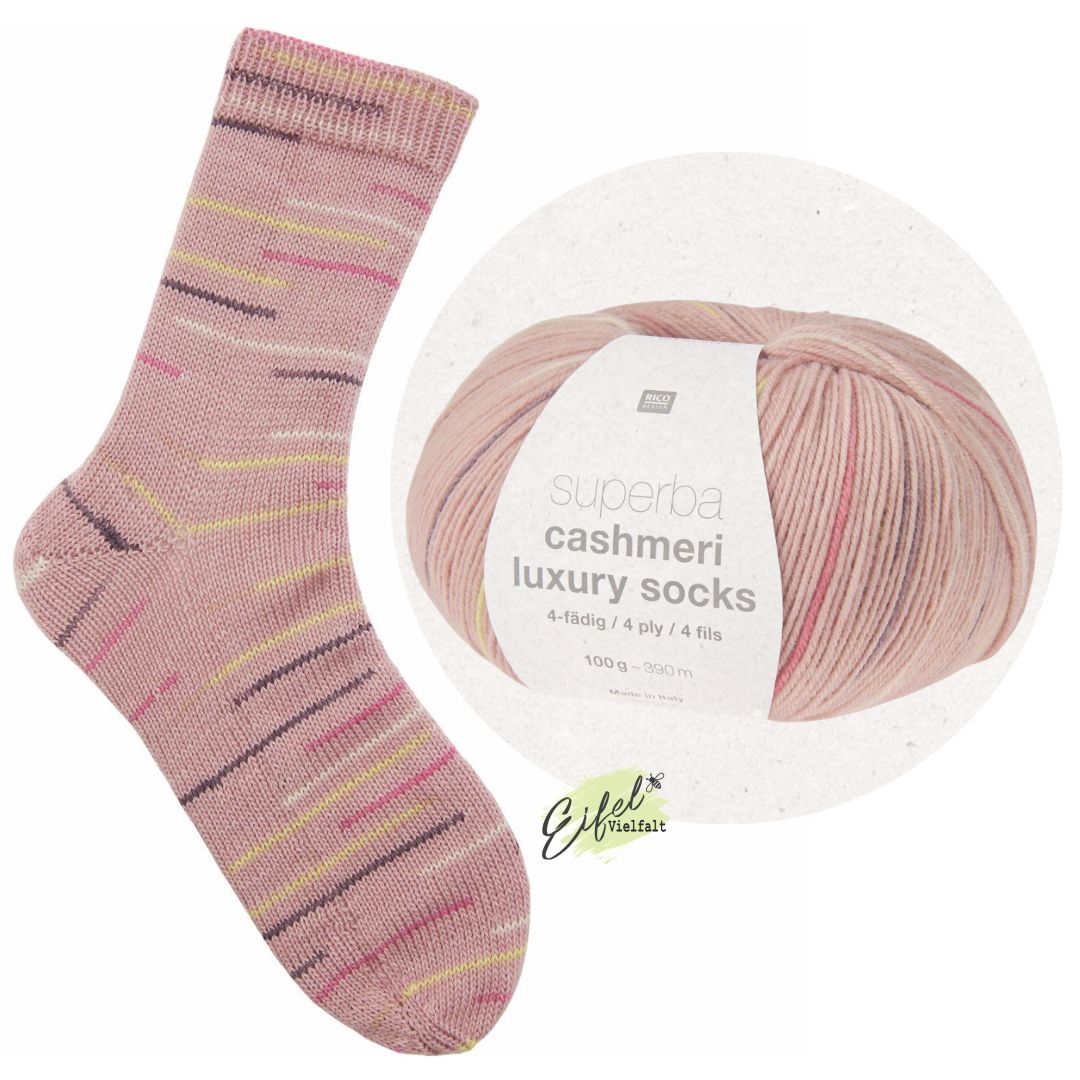 Sockenwolle cashmeri falling leaves Farbe 044 100g Knäuel und Socke gestrickt in altrosa mit dunkelgrauen, gelben und pinken Streifen