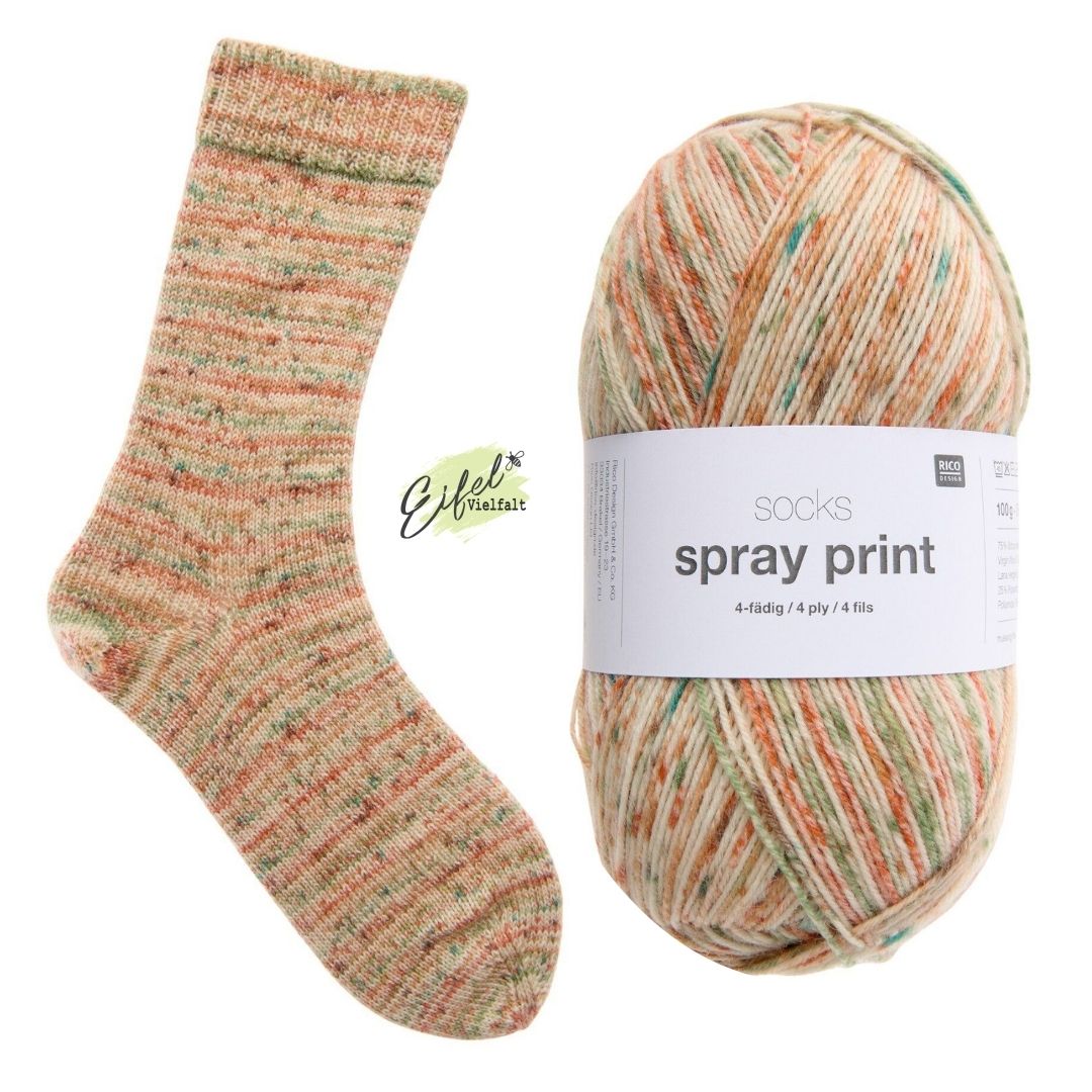	

Sockenwolle Socks Spray Print 4-fädig 100g 380m von Rico-Design Farbe 002 earthy mit gestrickter Socke und Knäuel