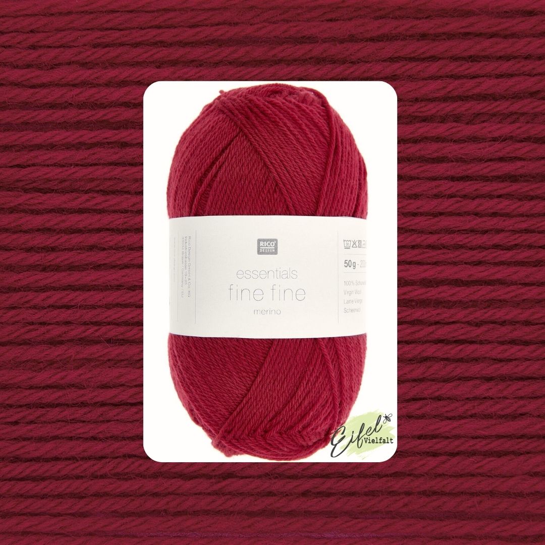Essentials Merino fine fine 50g 200m Lauflänge 100% Merinowolle Farbe 004 kirsch als Knäuel und Garnstruktur 