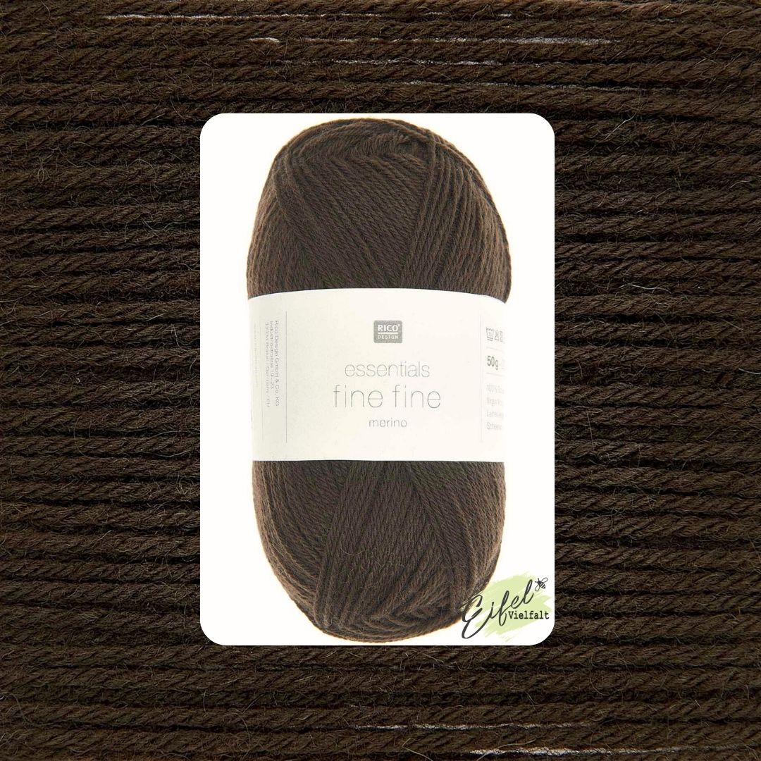 Essentials Merino fine fine 50g 200m Lauflänge 100% Merinowolle Farbe 010 schokolade als Knäuel und Garnstruktur 