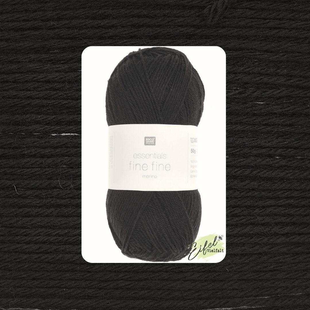 Essentials Merino fine fine 50g 200m Lauflänge 100% Merinowolle Farbe 012 schwarz als Knäuel und Garnstruktur 