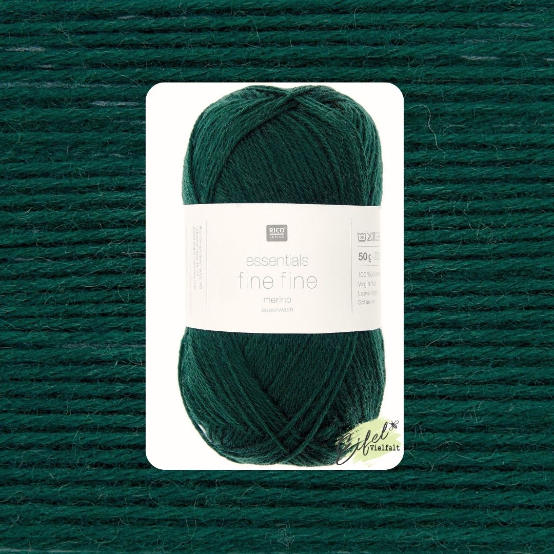 Essentials Merino fine fine 50g 200m Lauflänge 100% Merinowolle Farbe 015 dunkelgrün als Knäuel und Garnstruktur 