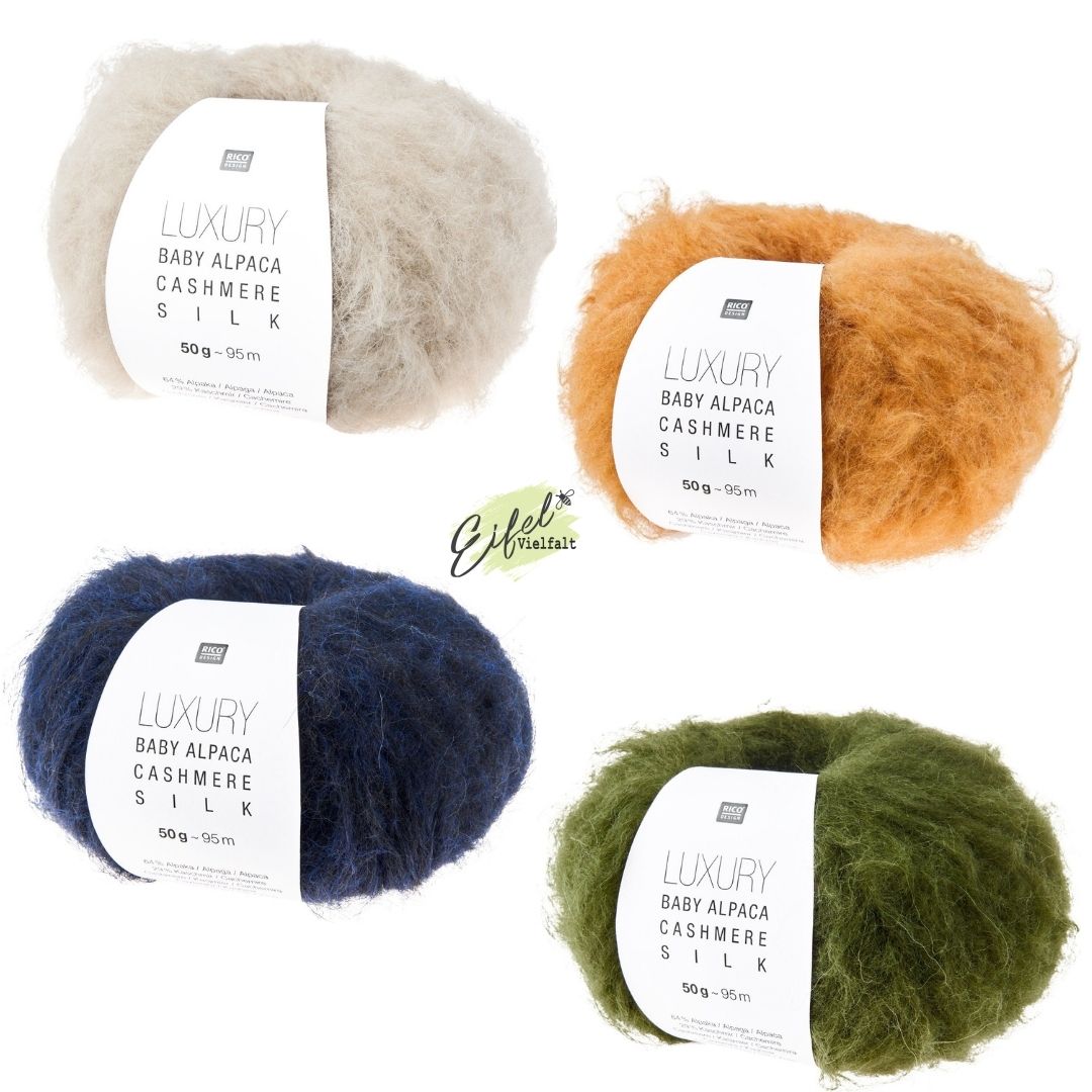 Luxury Baby Alpaca Cashmere Silk 50g 95m Strick- oder Häkelwolle in 4 Farben als Knäuel dargestellt