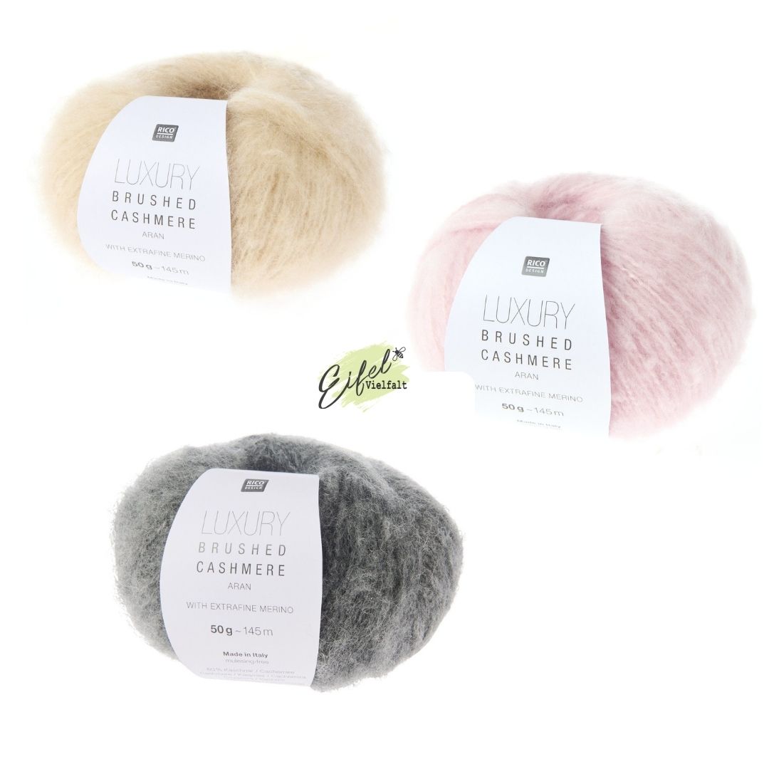 Luxury Brushed Cashmere aran 50g 145m Strick- und Häkelwolle in 3 Farben als Knäuel dargestellt