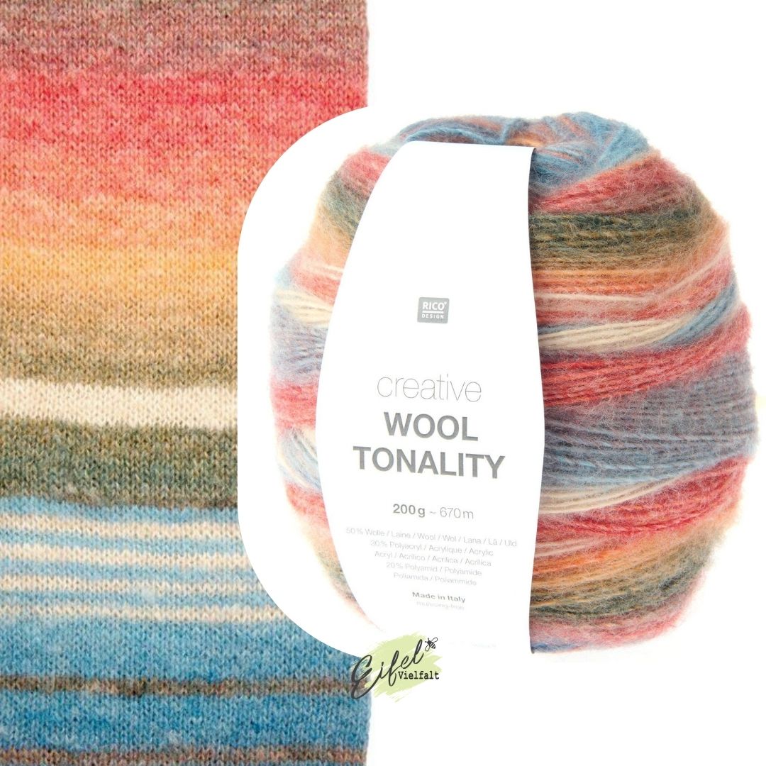 Creative Wool Tonality 200g 670 m Farbe Nr. 006 in Herbsttönen oliv, ocker rostrot, beige und blau  - dargestellt als Maschenprobe und Knäuel zum Stricken und Häkeln geeignet 