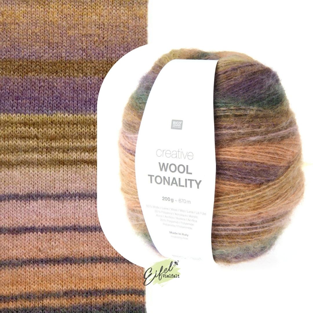 Creative Wool Tonality 200g 670 m Farbe Nr. 009 in warmen Farbtönen wie violett, altrosa, gold, petrol, oliv - dargestellt als Maschenprobe und Knäuel zum Stricken und Häkeln geeignet 