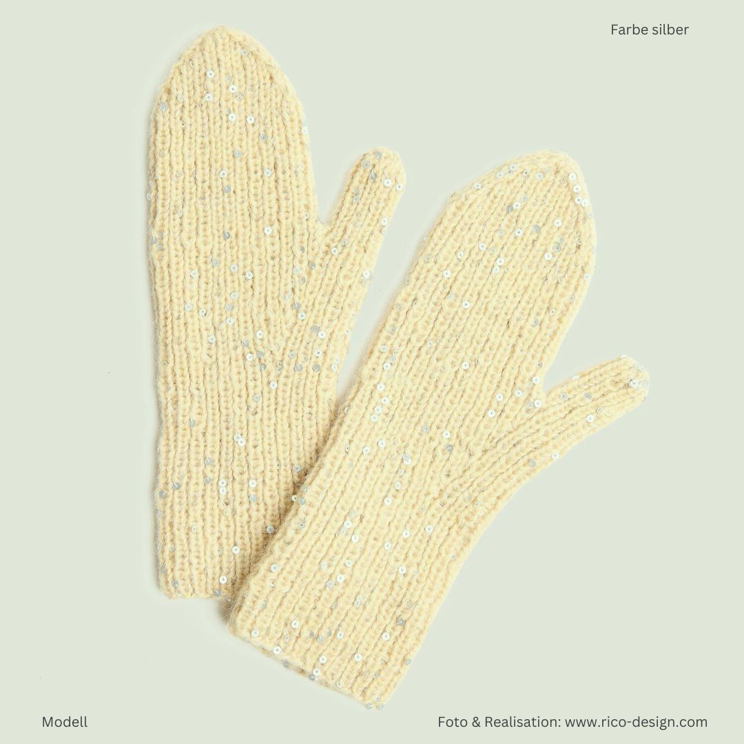 Beilaufgarn auf Kone Make it Paillette mit Pailletten 50g 305m zum Stricken und Häkel - Musterststrick Handschuhe mit Pailletten in silber
