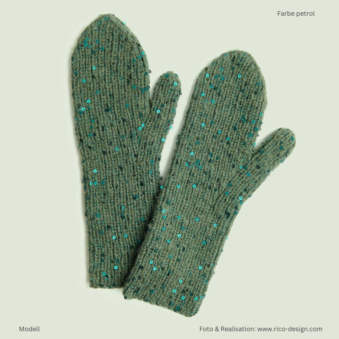 Beilaufgarn auf Kone Make it Paillette mit Pailletten 50g 305m zum Stricken und Häkel - Musterststrick Handschuhe mit Pailletten in petrol