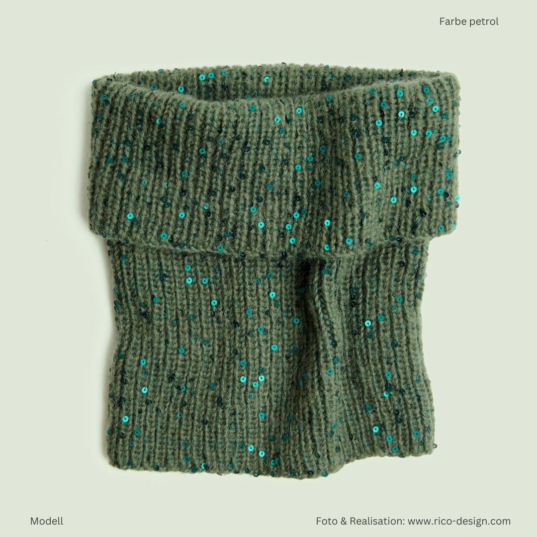 Beilaufgarn auf Kone Make it Paillette mit Pailletten 50g 305m zum Stricken und Häkel - Musterststrick Halsschmeichler mit Pailletten in petrol