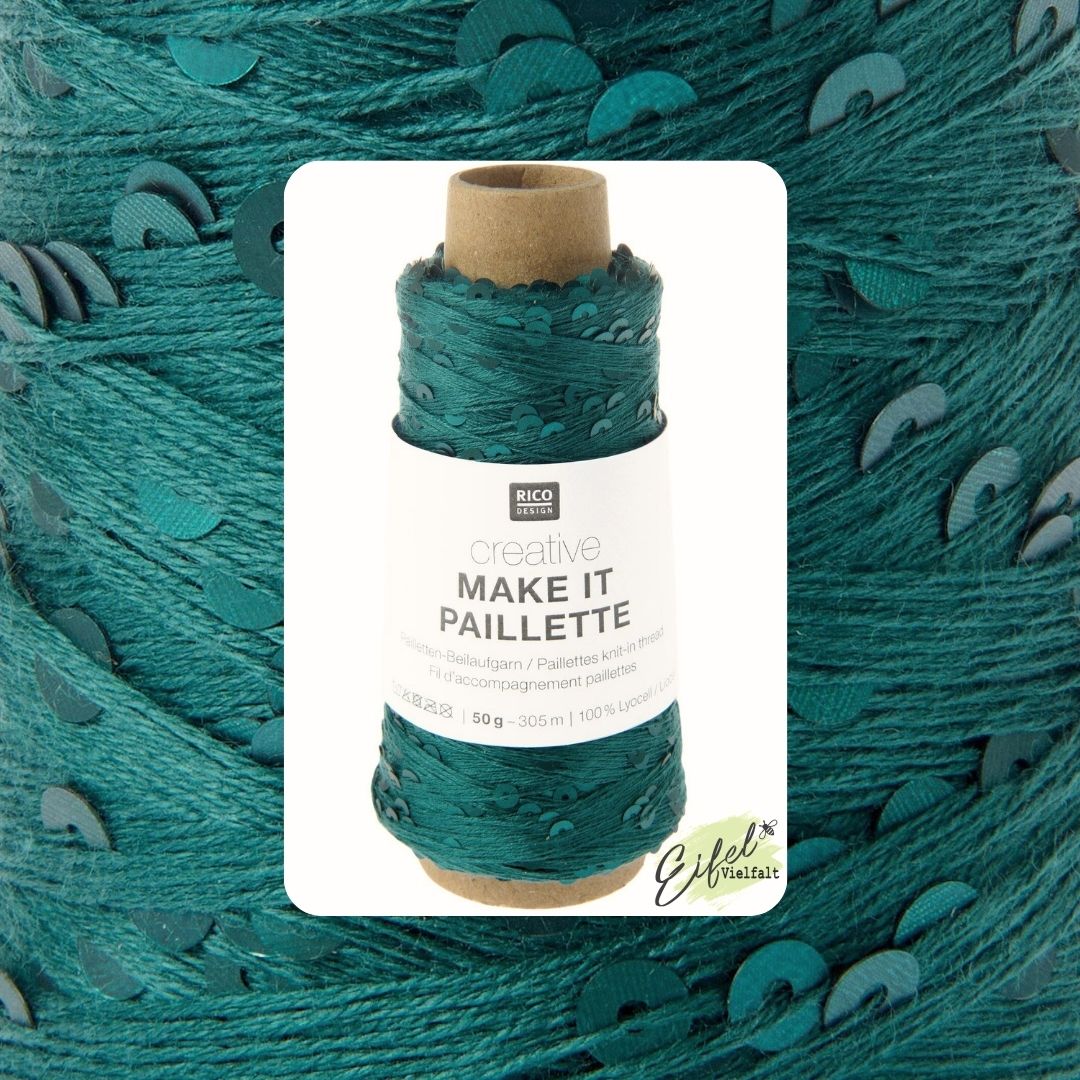 Beilaufgarn auf Kone Make it Paillette mit Pailletten 50g 305m Farbe 003 petrol - Kone mit Garn - zum Stricken und Häkel