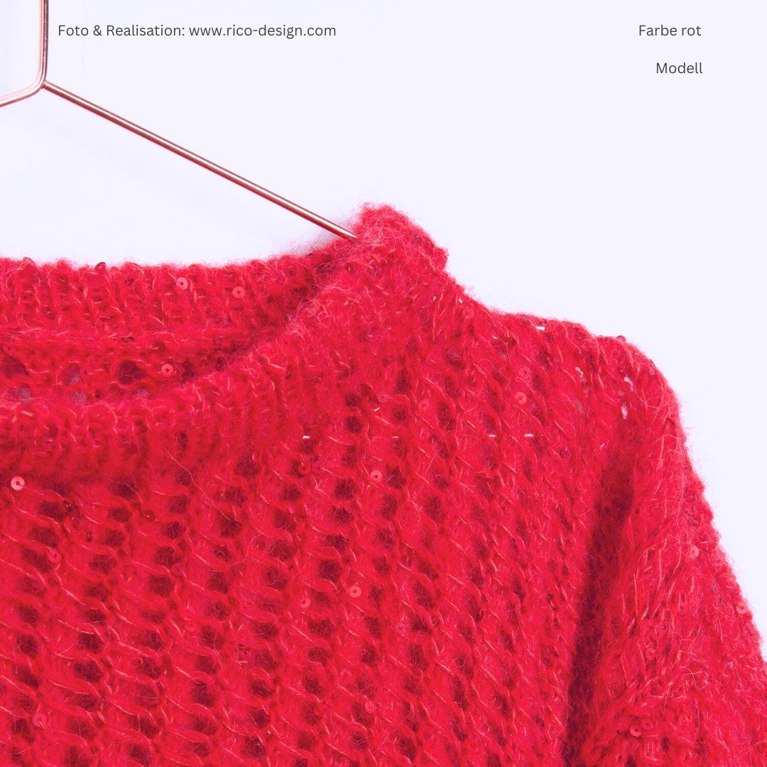 Beilaufgarn auf Kone Make it Paillette mit Pailletten 50g 305m zum Stricken und Häkel - Musterststrick Pulli Nahaufnahme mit Flauschgarn in rot