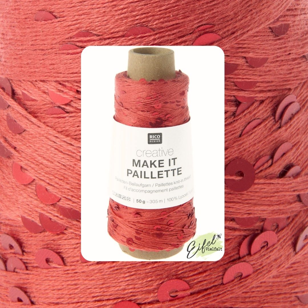 Beilaufgarn auf Kone Make it Paillette mit Pailletten 50g 305m Farbe 004 rot - Kone mit Garn - zum Stricken und Häkel