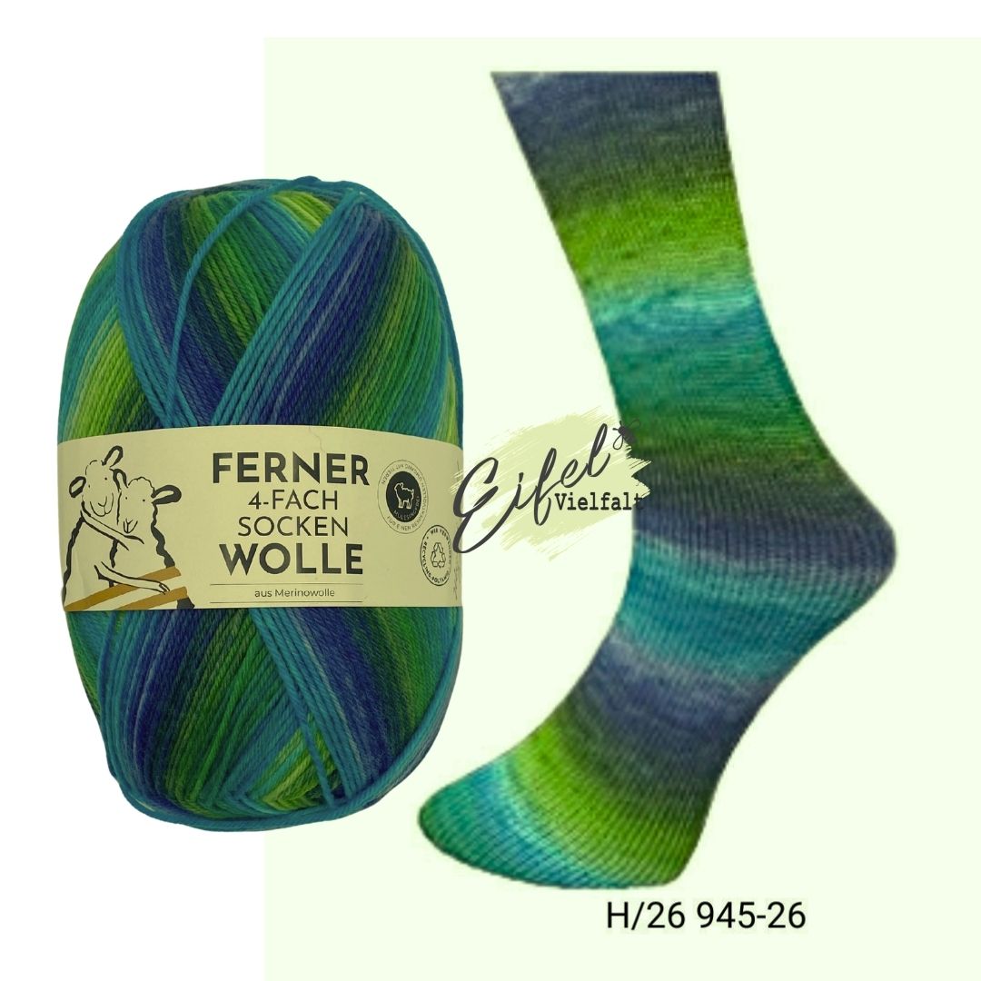 Ferner Sockenwolle 4-fach 100g 420m dargestellt als Knäuel und gestrickte Socke - Farbe Nr. 945 Waterfall in königsblau azurblau türkis dunkelgrün hellgrün