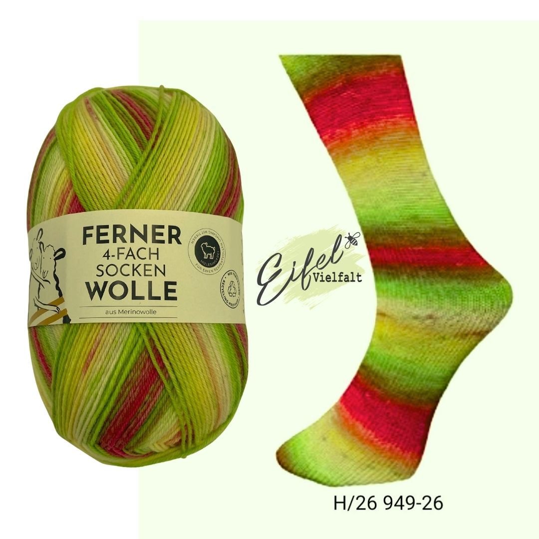 Ferner Sockenwolle 4-fach 100g 420m dargestellt als Knäuel und gestrickte Socke - Farbe Nr. 949 Flower Power in gelb grün vanille rot