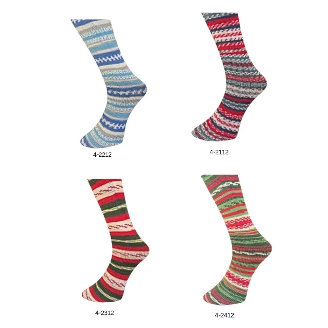 Ferner Sockenwolle 4-fach 100g 420m Weihnachtsedition 2026 Farbauswahl von 4 Farben - dargestellt als Stricksocken